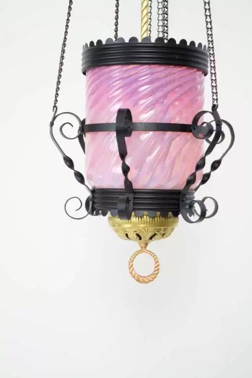 L122 Victorian Pink Swirled Glass Oil Lantern with Iron and Brass