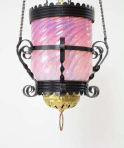 L122 Victorian Pink Swirled Glass Oil Lantern with Iron and Brass