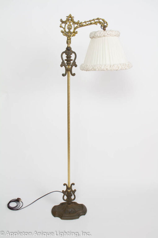 Ornate Rococo Revival Bridge Lamp with Pleated and Ruched off White Silk Shade