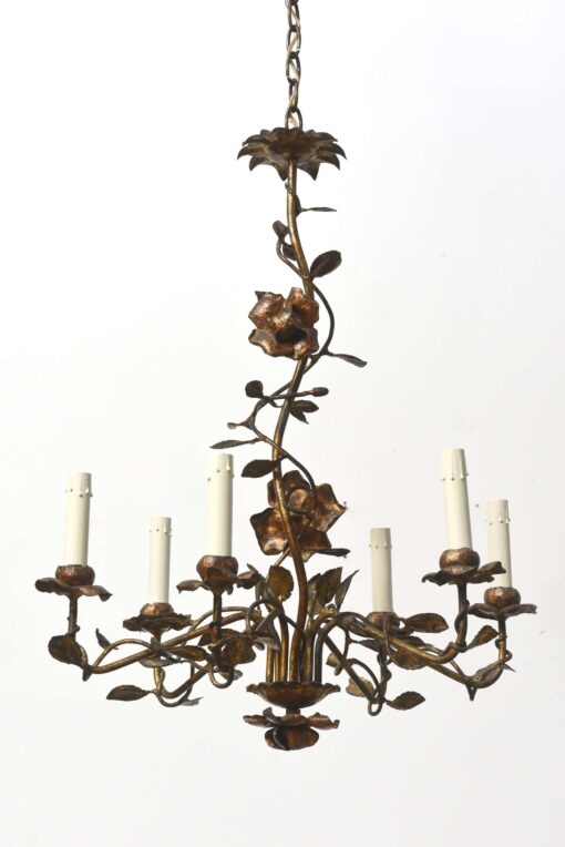 C179 Early 20th Century Gilt Tole Rose Chandelier