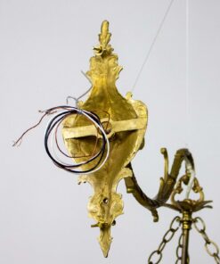S323 Mid 20th Century Cast Brass Hanging Four Light Sconce with Silk Shade.