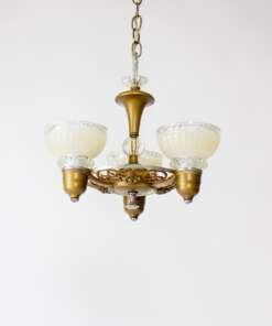 C451 1930’s Art Deco Chandelier with Cream and Clear Glass Shades