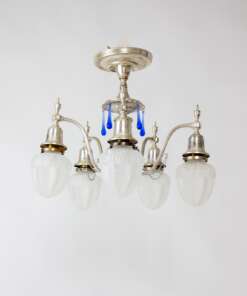 C452 Early 20th Century Silver Plate Flush Chandelier with Blue Crystals and Frosted Glass Shades